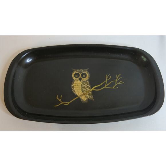 COUROC Monterey California Vintage Owl Tray Plate Black  Inlaid Barware 1960s - Picture 1 of 10